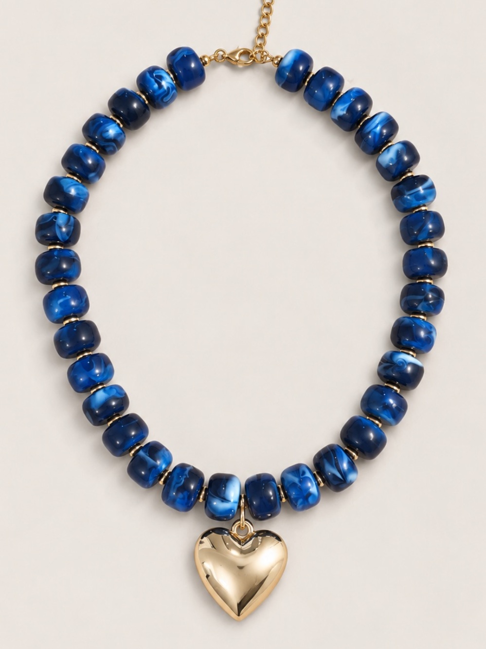 New! Navy Blue Marbled Beaded Gold Heart Necklace NWOT 3023